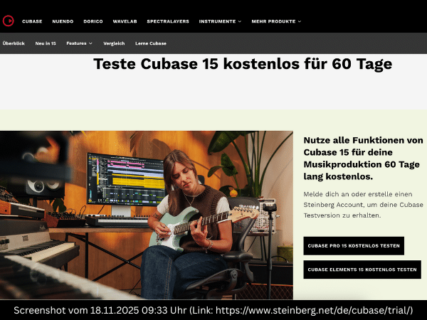Screenshot Steinberg Webseite Cubase 15 Kostenloser Testzeitraum