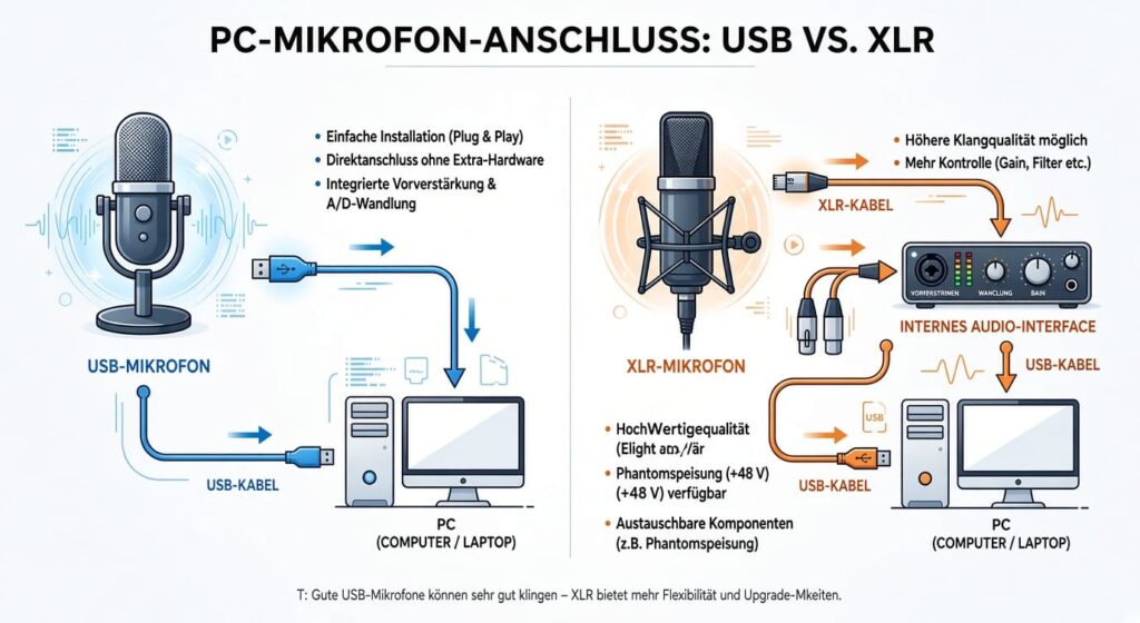 Infografik: PC-Mikrofonanschluss im Vergleich – links USB-Mikrofon mit Direktanschluss und integrierter Wandlung, rechts XLR-Mikrofon über externes Audio-Interface mit mehr Kontrolle und Phantomspeisung