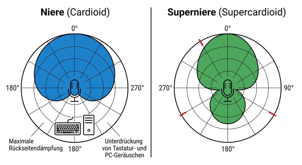 Vergleich der Richtcharakteristiken: Links Niere (Cardioid) mit maximaler Rückseitendämpfung bei 180°, rechts Superniere (Supercardioid) mit Nullpunkten bei ca. 125° und 235° sowie kleinem hinteren Lappen